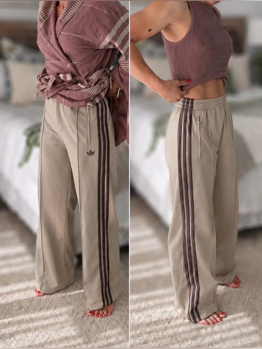 adidas Originals Beige Track Pants with Brown Side Stripes